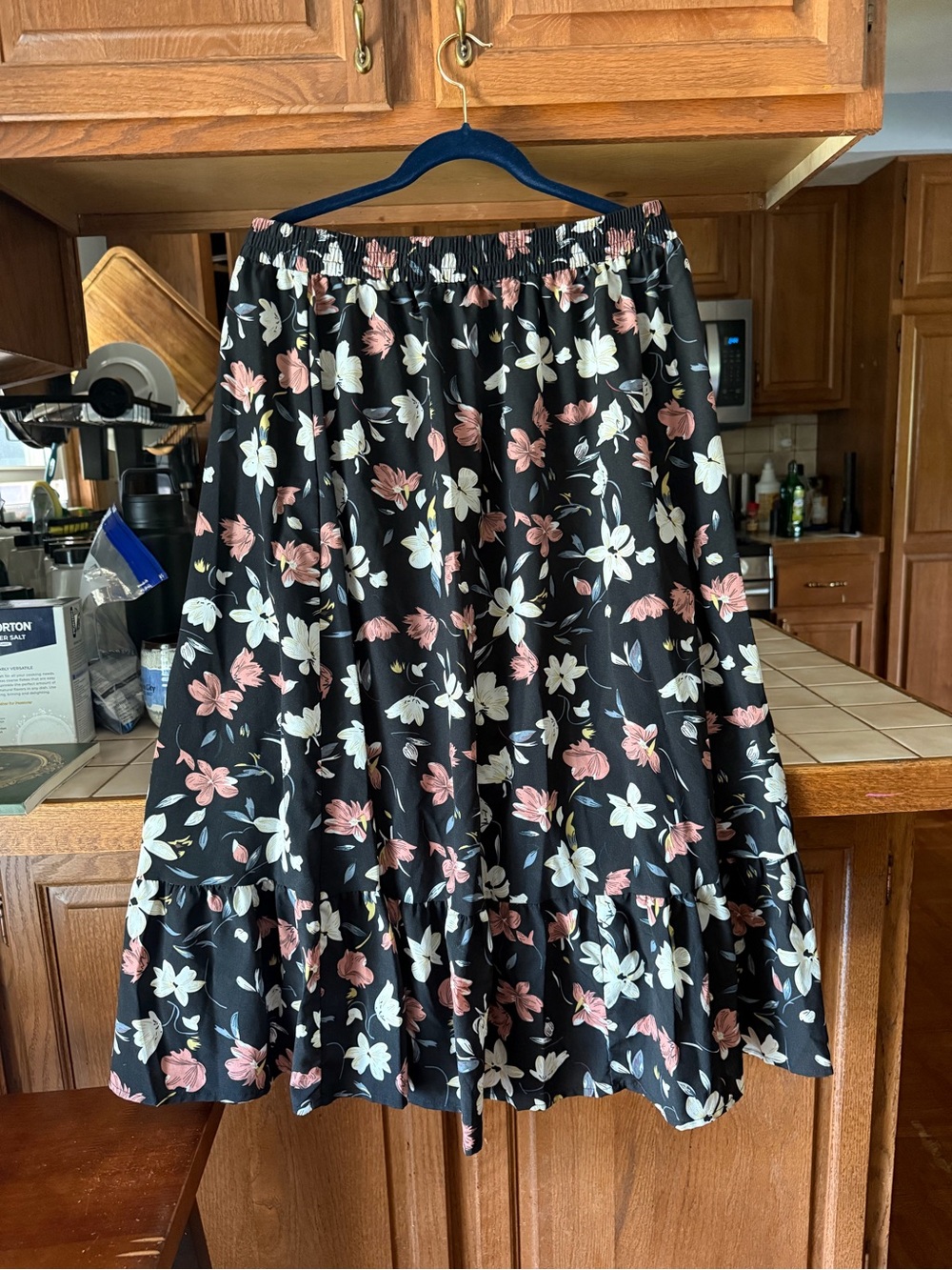 SHEIN Black Midi Skirt with Pink and Cream Floral Print